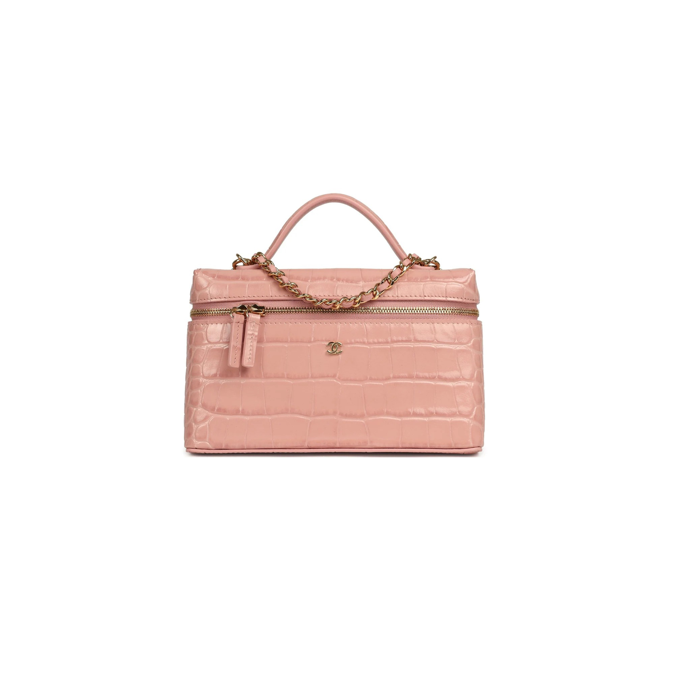 CHANEL MASTER TOP HANDLE LONG VANITY CASE WITH CHAIN PINK CROC EMBOSSED CALFSKIN GOLD HARDWARE (19*14*5cm)